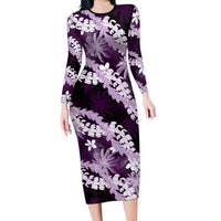 Puakenikeni Maile Lei Family Matching Long Sleeve Bodycon Dress and Hawaiian Shirt Frangipani Purple Tropical Leaves LT01 Mom's Dress Purple - Polynesian Pride