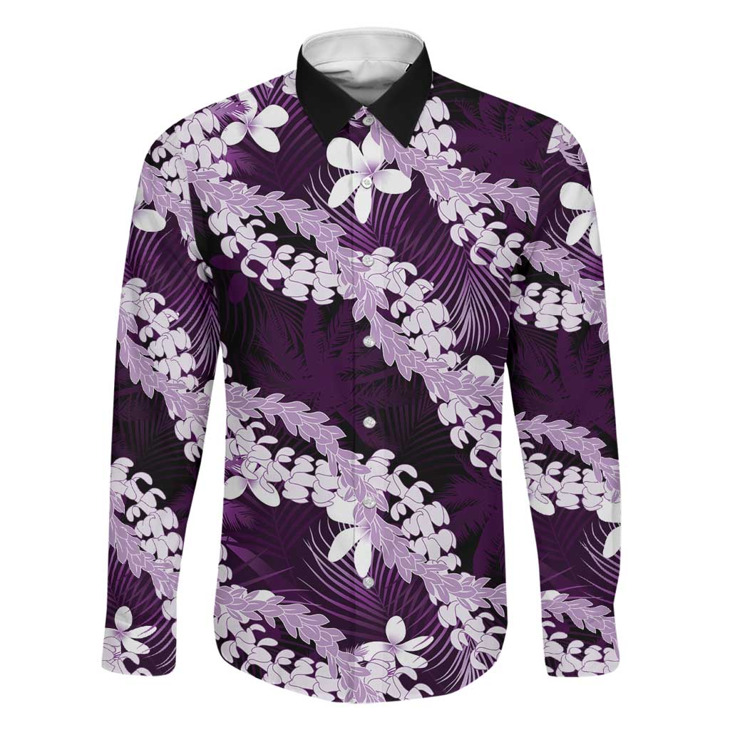 Puakenikeni Maile Lei Family Matching Mermaid Dress and Hawaiian Shirt Frangipani Purple Tropical Leaves LT01 Dad's Shirt - Long Sleeve Purple - Polynesian Pride