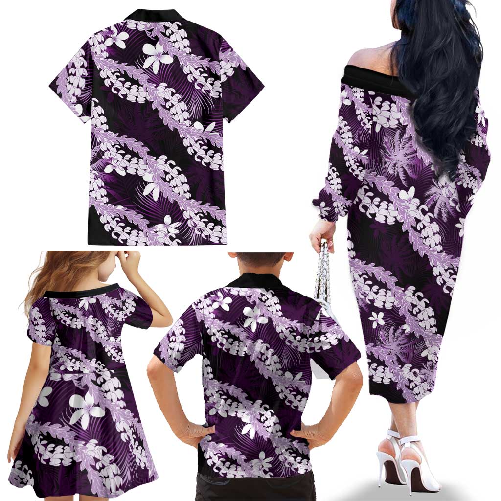 Puakenikeni Maile Lei Family Matching Off The Shoulder Long Sleeve Dress and Hawaiian Shirt Frangipani Purple Tropical Leaves LT01 - Polynesian Pride