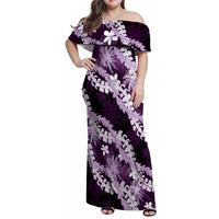 Puakenikeni Maile Lei Family Matching Off Shoulder Maxi Dress and Hawaiian Shirt Frangipani Purple Tropical Leaves LT01 Mom's Dress Purple - Polynesian Pride