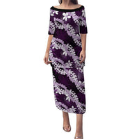 Puakenikeni Maile Lei Family Matching Puletasi and Hawaiian Shirt Frangipani Purple Tropical Leaves LT01 Mom's Dress Purple - Polynesian Pride