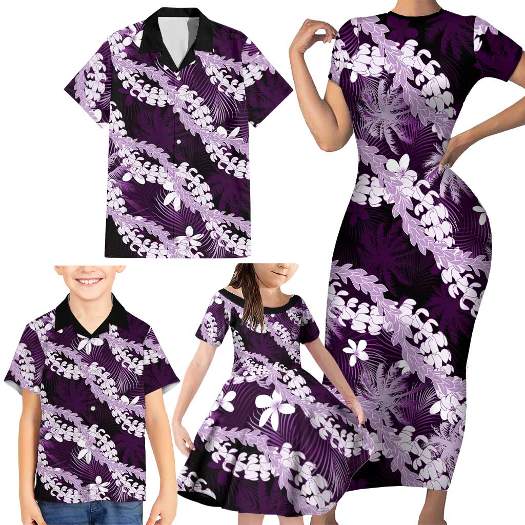 Puakenikeni Maile Lei Family Matching Short Sleeve Bodycon Dress and Hawaiian Shirt Frangipani Purple Tropical Leaves LT01 - Polynesian Pride