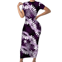 Puakenikeni Maile Lei Family Matching Short Sleeve Bodycon Dress and Hawaiian Shirt Frangipani Purple Tropical Leaves LT01 Mom's Dress Purple - Polynesian Pride