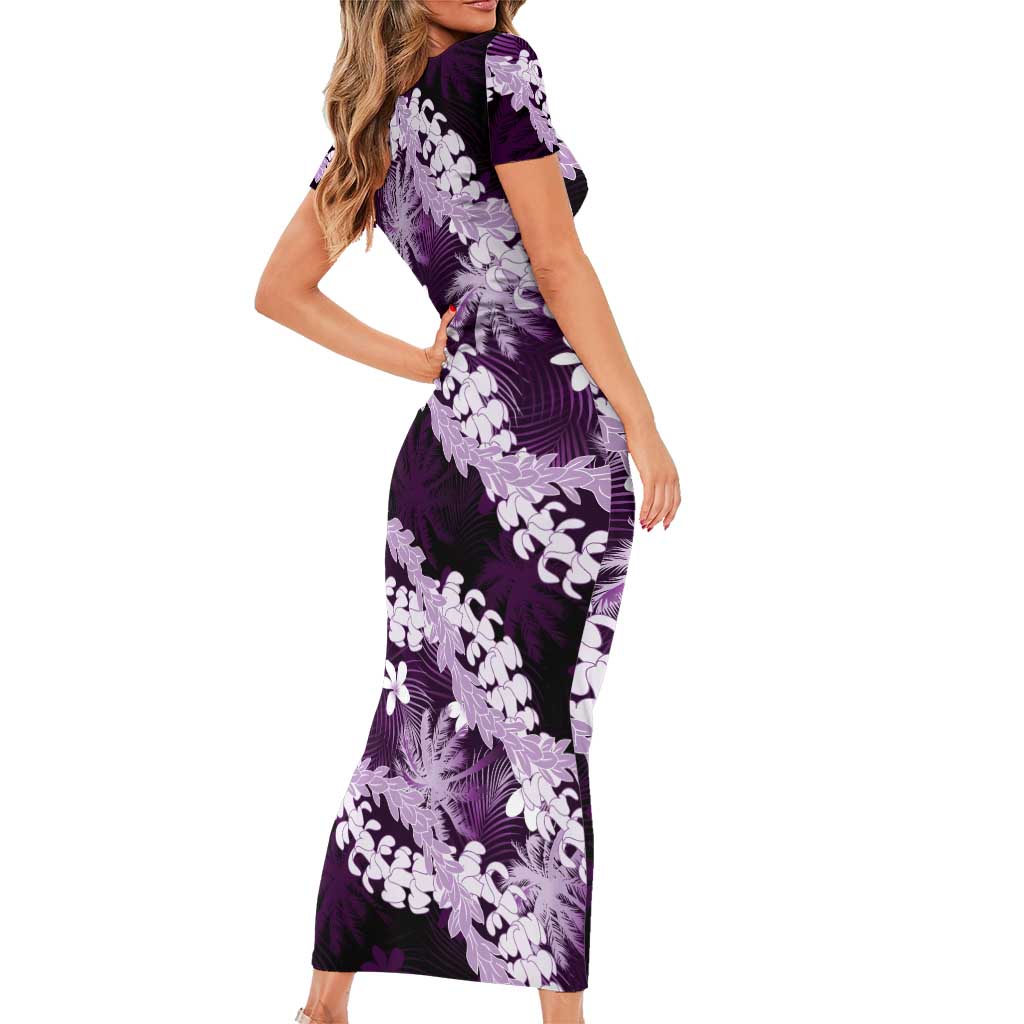 Puakenikeni Maile Lei Family Matching Short Sleeve Bodycon Dress and Hawaiian Shirt Frangipani Purple Tropical Leaves LT01 - Polynesian Pride