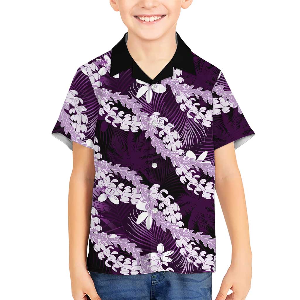 Puakenikeni Maile Lei Family Matching Short Sleeve Bodycon Dress and Hawaiian Shirt Frangipani Purple Tropical Leaves LT01 Son's Shirt Purple - Polynesian Pride