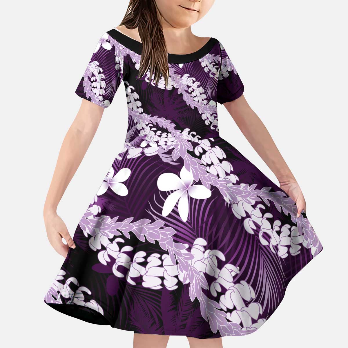 Puakenikeni Maile Lei Kid Short Sleeve Dress Frangipani Purple Tropical Leaves