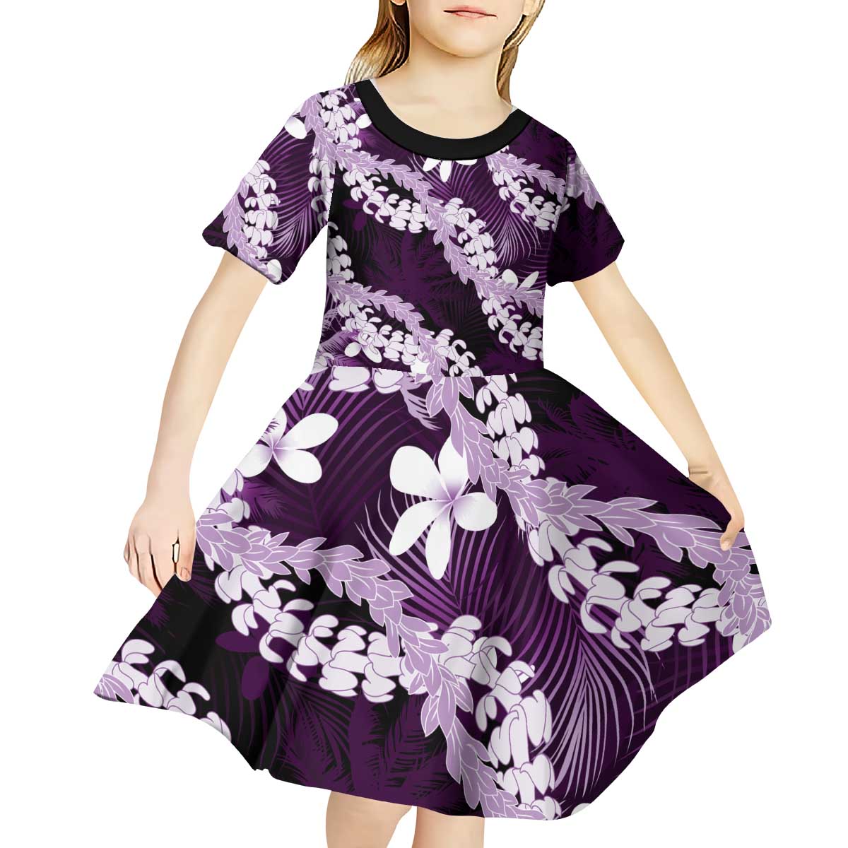 Puakenikeni Maile Lei Kid Short Sleeve Dress Frangipani Purple Tropical Leaves LT01 - Polynesian Pride