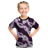 Puakenikeni Maile Lei Kid T Shirt Frangipani Purple Tropical Leaves LT01 Purple - Polynesian Pride
