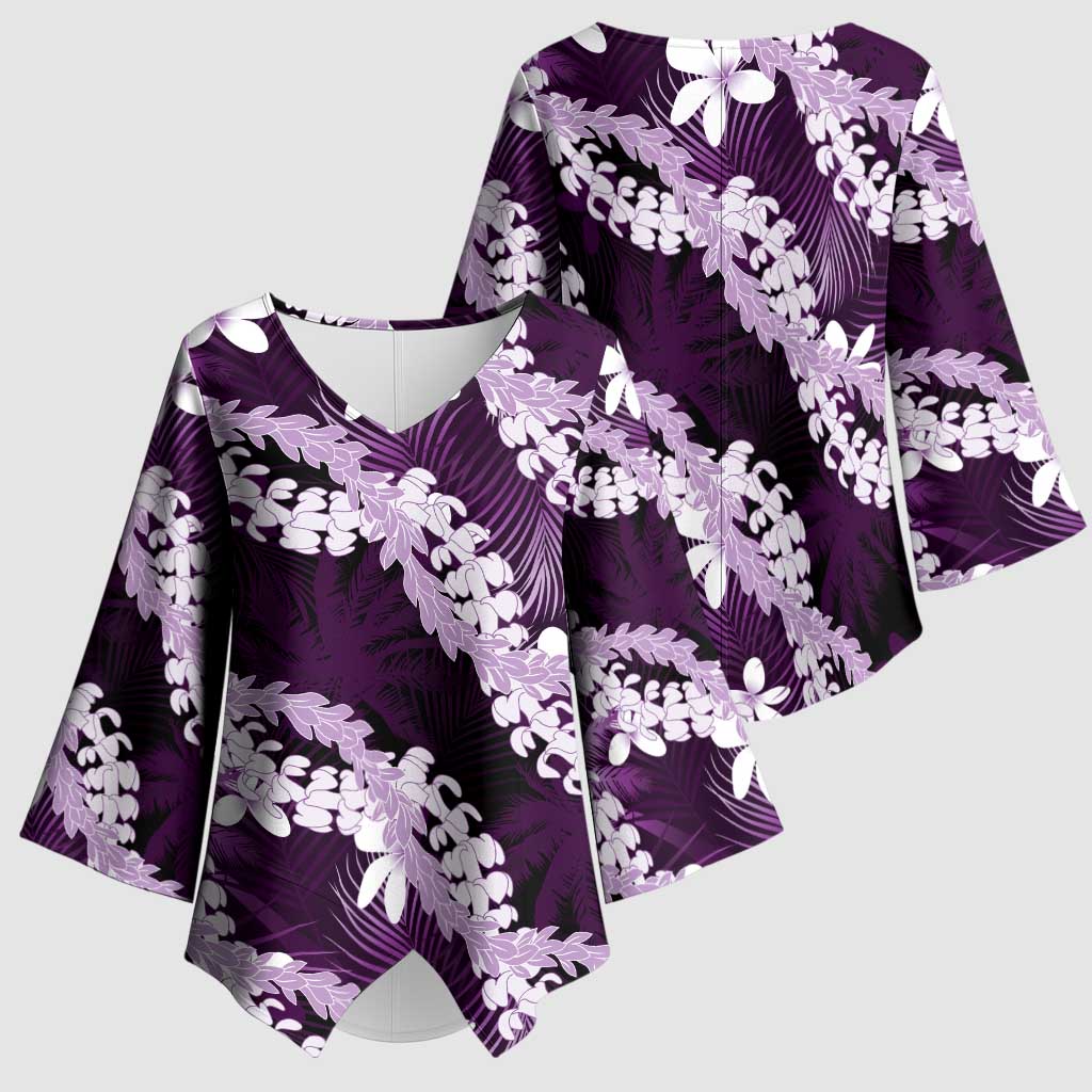 Puakenikeni Maile Lei Kimono Sleeve Blouse Frangipani Purple Tropical Leaves