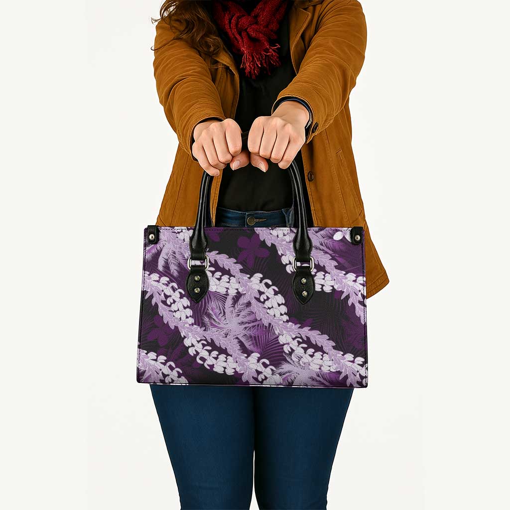 Puakenikeni Maile Lei Leather Bag Frangipani Purple Tropical Leaves