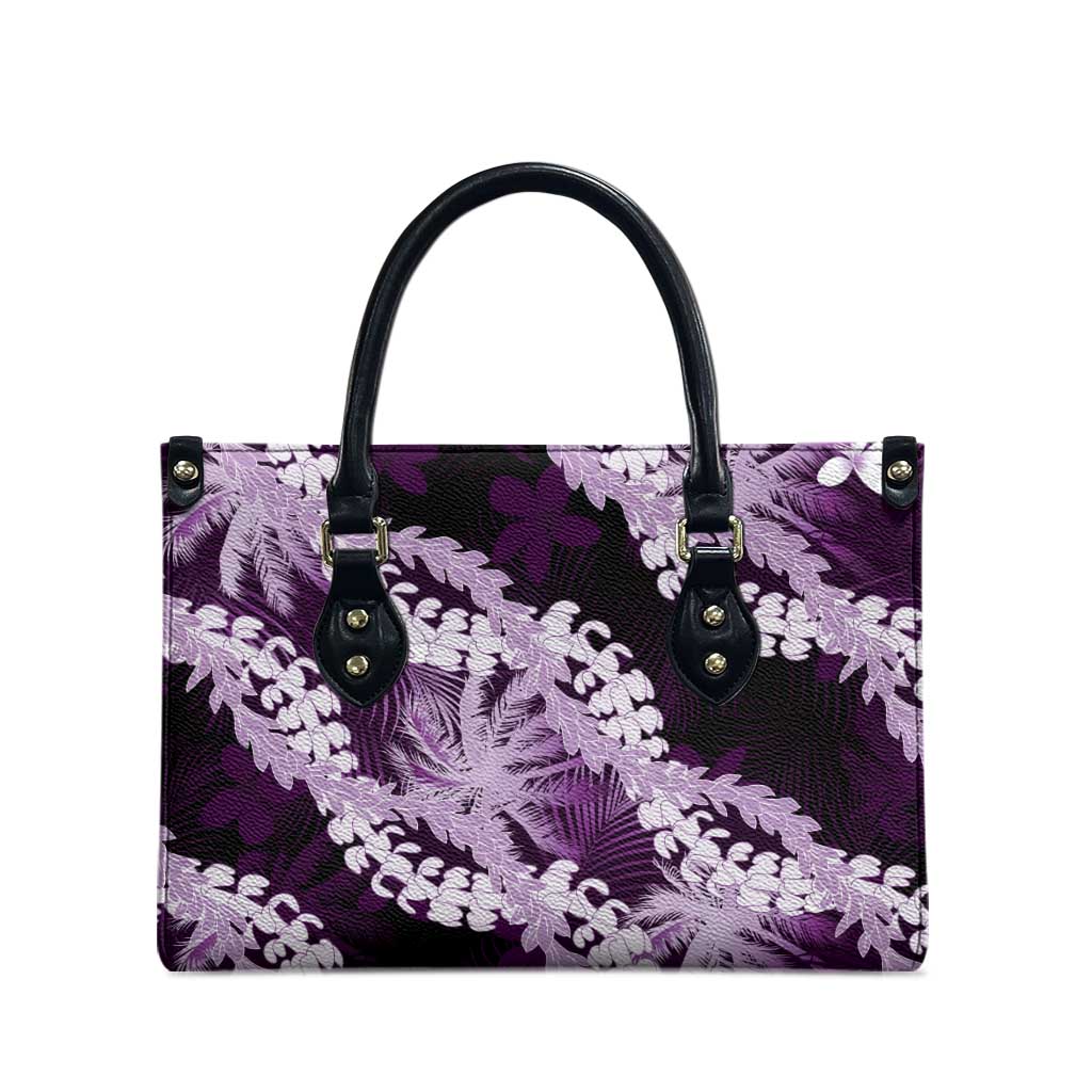 Puakenikeni Maile Lei Leather Bag Frangipani Purple Tropical Leaves