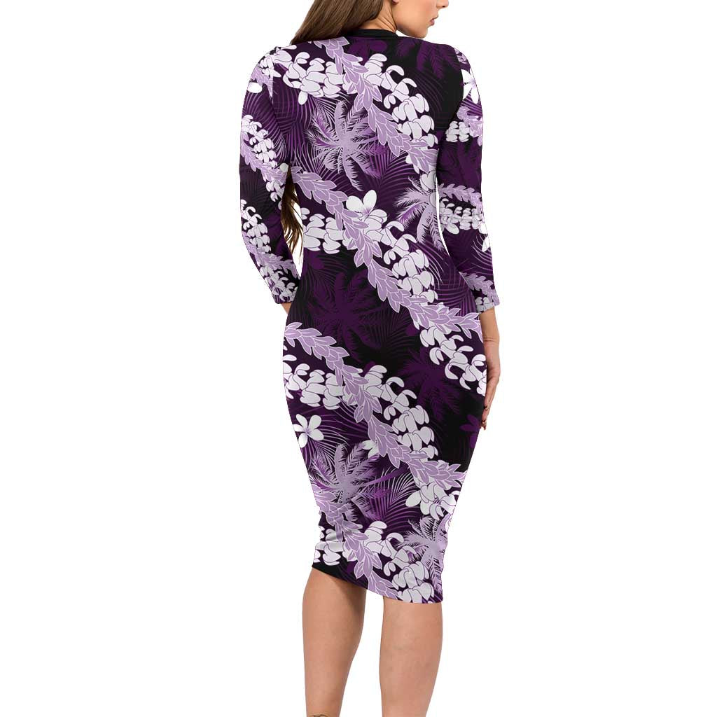 Puakenikeni Maile Lei Long Sleeve Bodycon Dress Frangipani Purple Tropical Leaves LT01 - Polynesian Pride