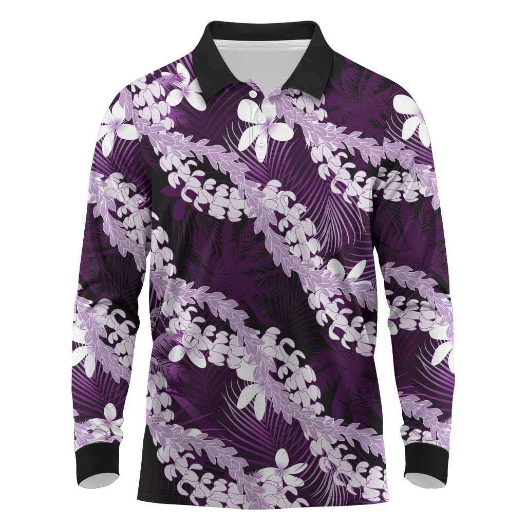 Puakenikeni Maile Lei Long Sleeve Polo Shirt Frangipani Purple Tropical Leaves LT01 Purple - Polynesian Pride