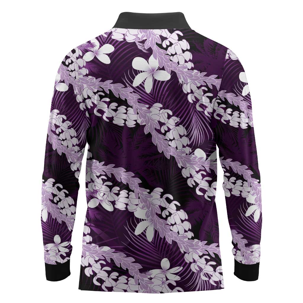 Puakenikeni Maile Lei Long Sleeve Polo Shirt Frangipani Purple Tropical Leaves LT01 - Polynesian Pride