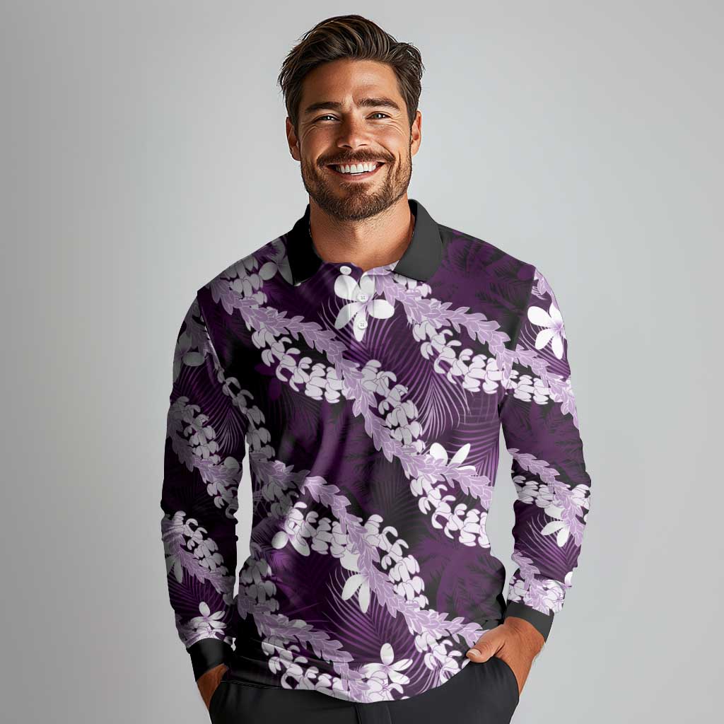 Puakenikeni Maile Lei Long Sleeve Polo Shirt Frangipani Purple Tropical Leaves LT01 - Polynesian Pride