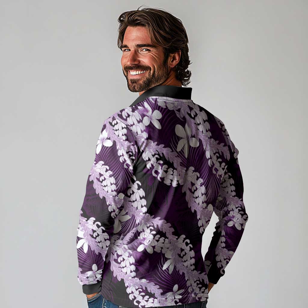 Puakenikeni Maile Lei Long Sleeve Polo Shirt Frangipani Purple Tropical Leaves LT01 - Polynesian Pride