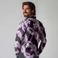 Puakenikeni Maile Lei Long Sleeve Polo Shirt Frangipani Purple Tropical Leaves LT01 - Polynesian Pride