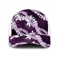 Puakenikeni Maile Lei Mesh Trucker Cap Frangipani Purple Tropical Leaves