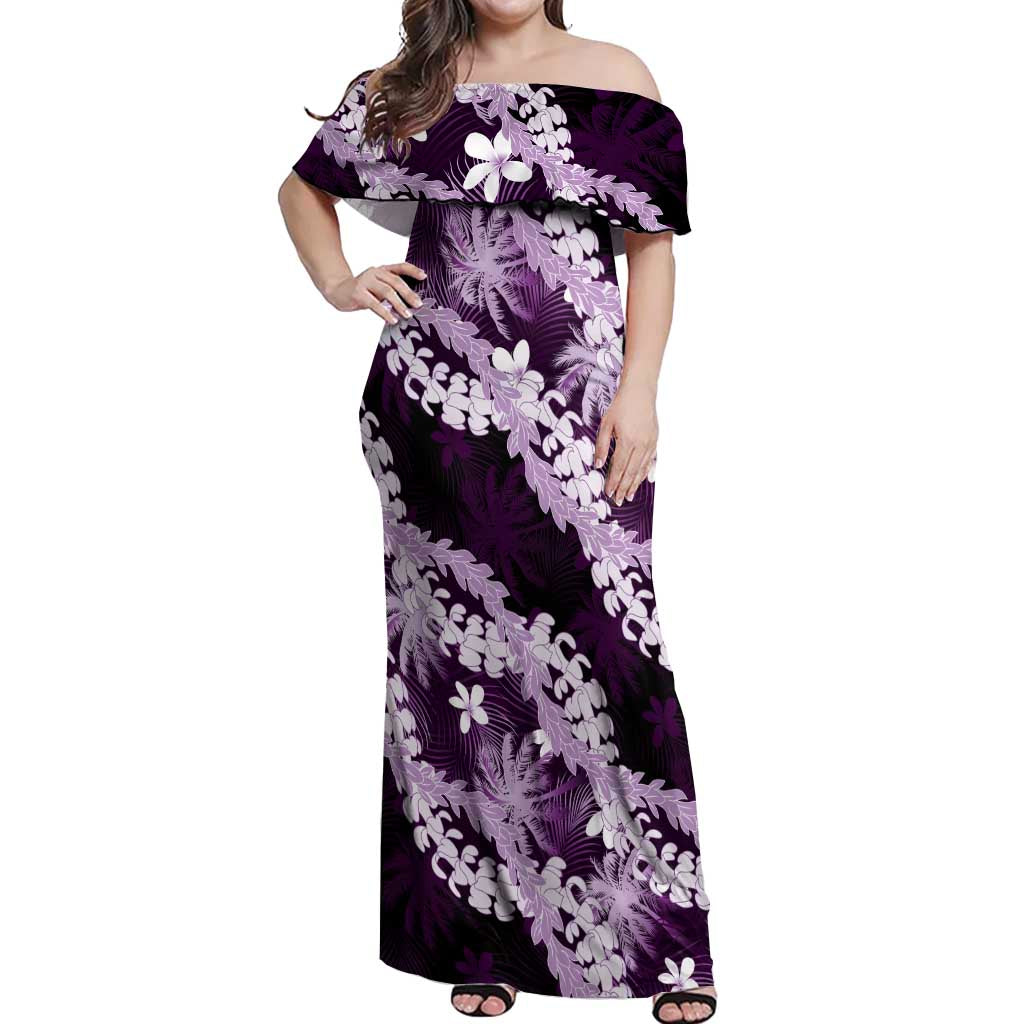 Puakenikeni Maile Lei Off Shoulder Maxi Dress Frangipani Purple Tropical Leaves