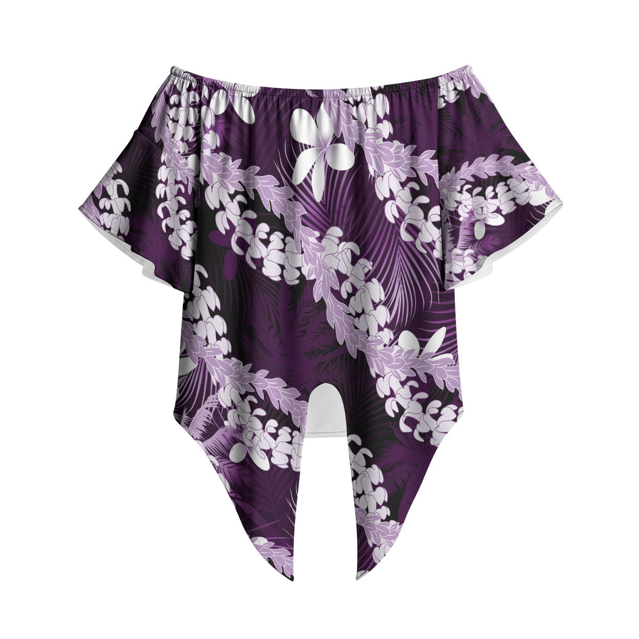 Puakenikeni Maile Lei Off Shoulder Wrap Waist Top Frangipani Purple Tropical Leaves LT01 Purple - Polynesian Pride
