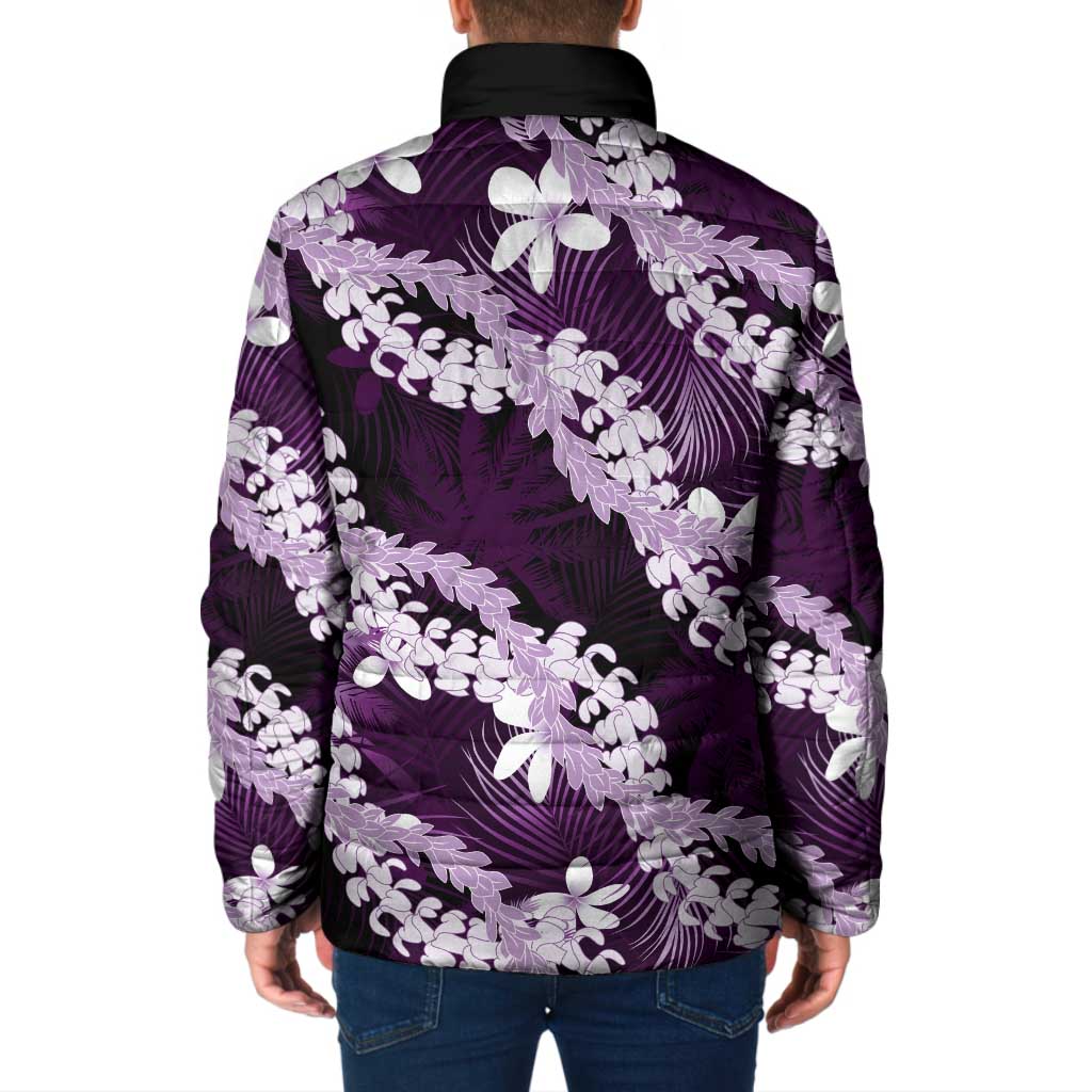 Puakenikeni Maile Lei Padded Jacket Frangipani Purple Tropical Leaves