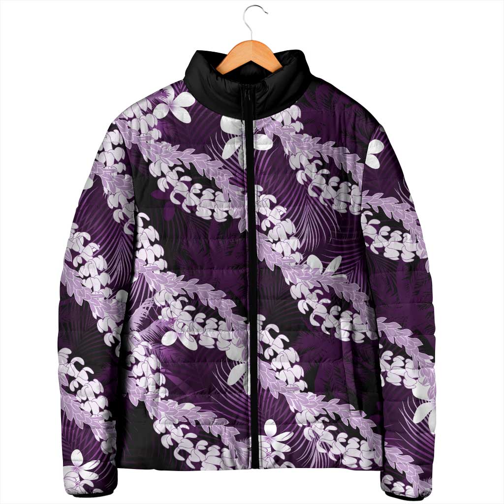Puakenikeni Maile Lei Padded Jacket Frangipani Purple Tropical Leaves