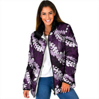 Puakenikeni Maile Lei Padded Jacket Frangipani Purple Tropical Leaves