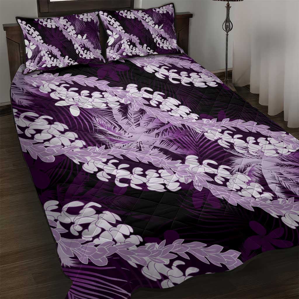 Puakenikeni Maile Lei Quilt Bed Set Frangipani Purple Tropical Leaves