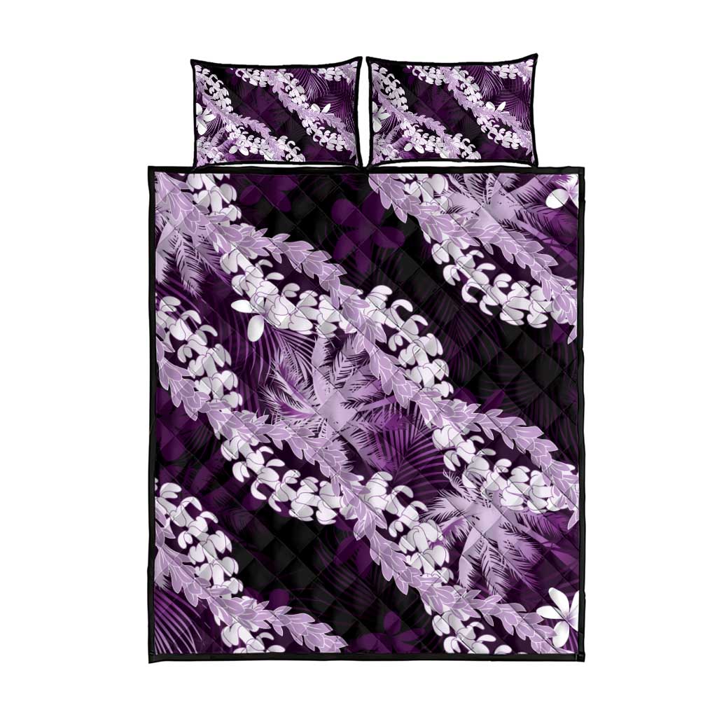 Puakenikeni Maile Lei Quilt Bed Set Frangipani Purple Tropical Leaves