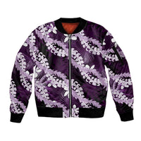 Puakenikeni Maile Lei Sleeve Zip Bomber Jacket Frangipani Purple Tropical Leaves