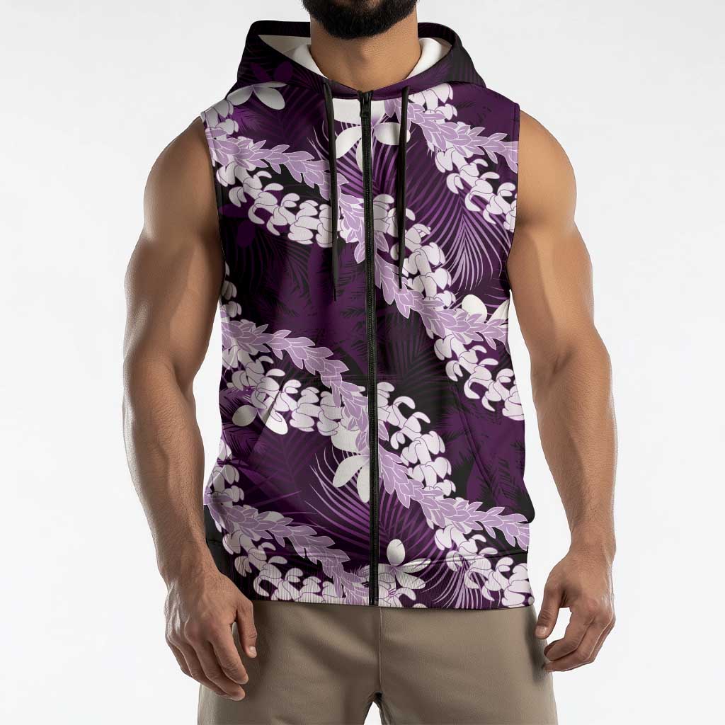 Puakenikeni Maile Lei Sleeveless Zip Hoodie Frangipani Purple Tropical Leaves LT01 - Polynesian Pride
