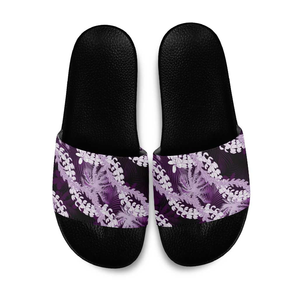 Puakenikeni Maile Lei Slide Sandals Frangipani Purple Tropical Leaves