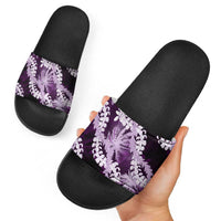 Puakenikeni Maile Lei Slide Sandals Frangipani Purple Tropical Leaves