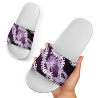 Puakenikeni Maile Lei Slide Sandals Frangipani Purple Tropical Leaves