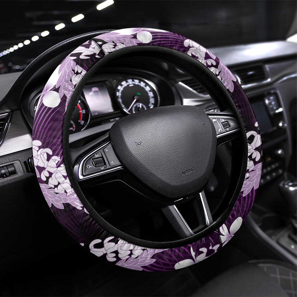 Puakenikeni Maile Lei Steering Wheel Cover Frangipani Purple Tropical Leaves