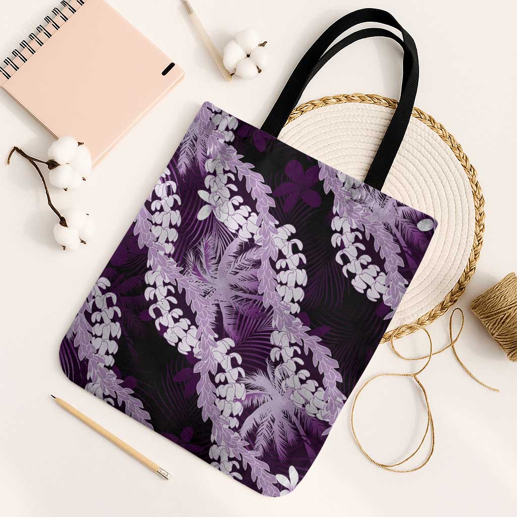 Puakenikeni Maile Lei Tote Bag Frangipani Purple Tropical Leaves