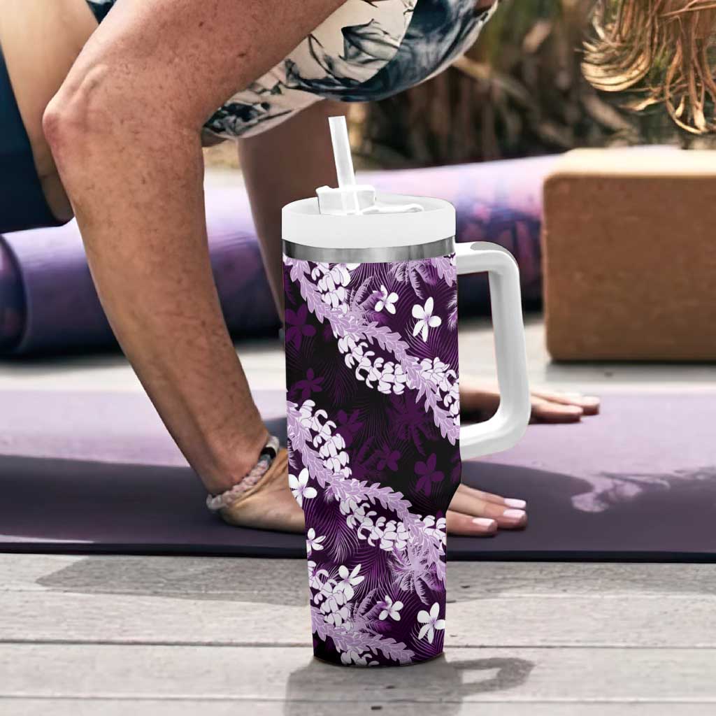 Puakenikeni Maile Lei Tumbler With Handle Frangipani Purple Tropical Leaves