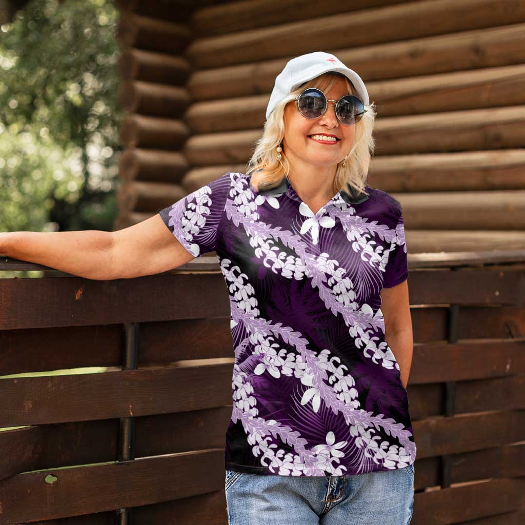 Puakenikeni Maile Lei Women Polo Shirt Frangipani Purple Tropical Leaves LT01 - Polynesian Pride