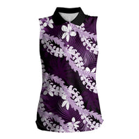Puakenikeni Maile Lei Women Sleeveless Polo Shirt Frangipani Purple Tropical Leaves LT01 Female Purple - Polynesian Pride