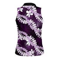 Puakenikeni Maile Lei Women Sleeveless Polo Shirt Frangipani Purple Tropical Leaves LT01 - Polynesian Pride