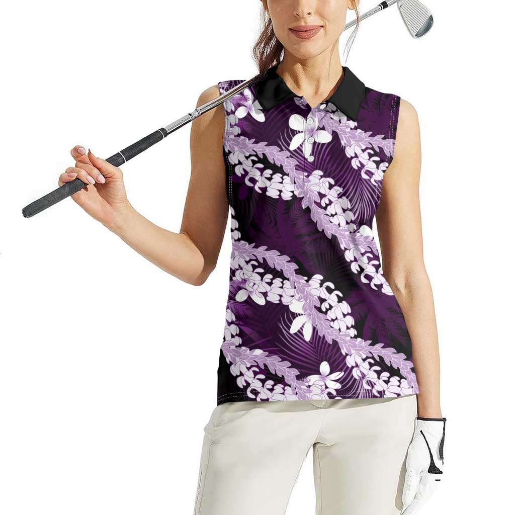 Puakenikeni Maile Lei Women Sleeveless Polo Shirt Frangipani Purple Tropical Leaves LT01 - Polynesian Pride