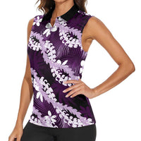 Puakenikeni Maile Lei Women Sleeveless Polo Shirt Frangipani Purple Tropical Leaves LT01 - Polynesian Pride