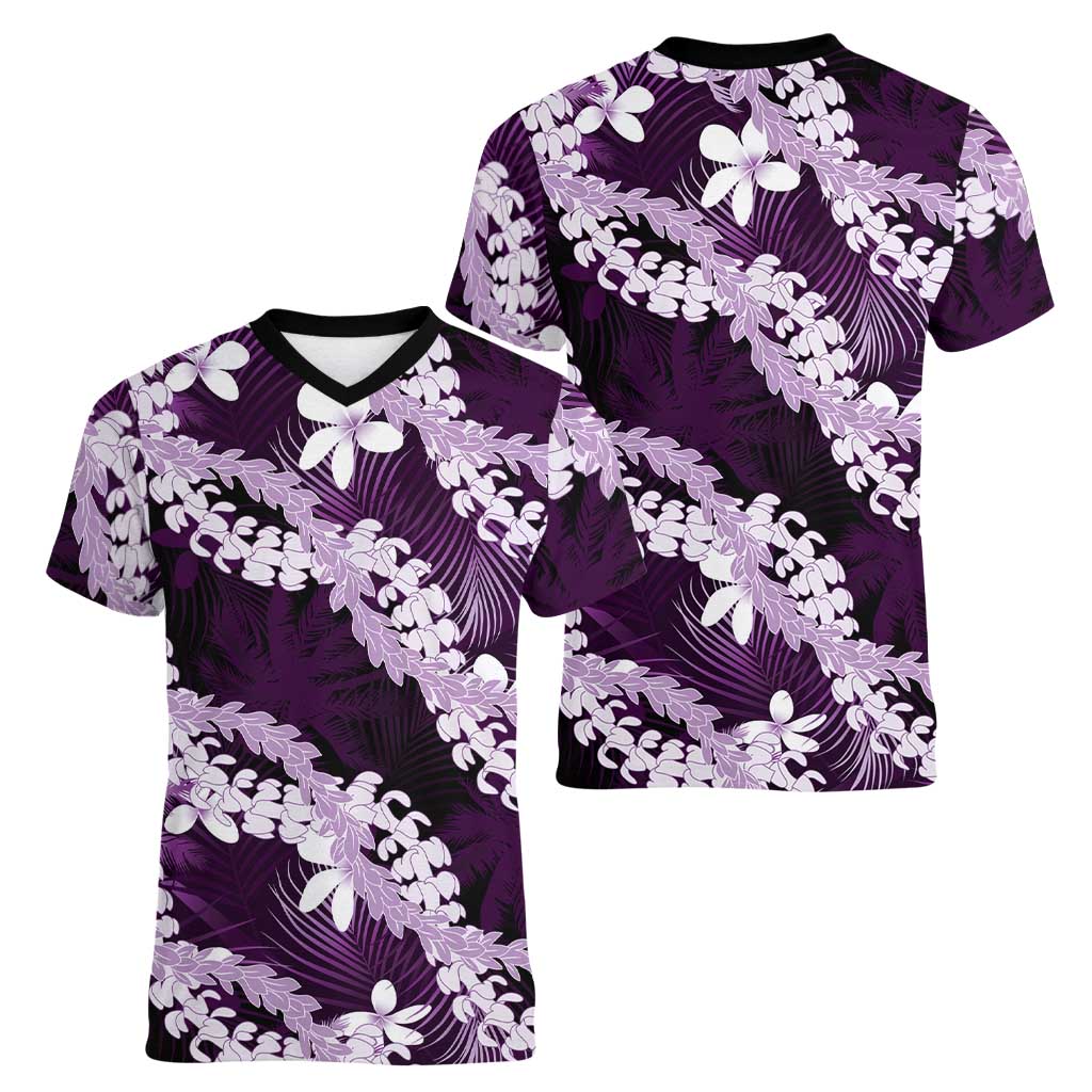 Puakenikeni Maile Lei Women V-Neck T-Shirt Frangipani Purple Tropical Leaves LT01 - Polynesian Pride
