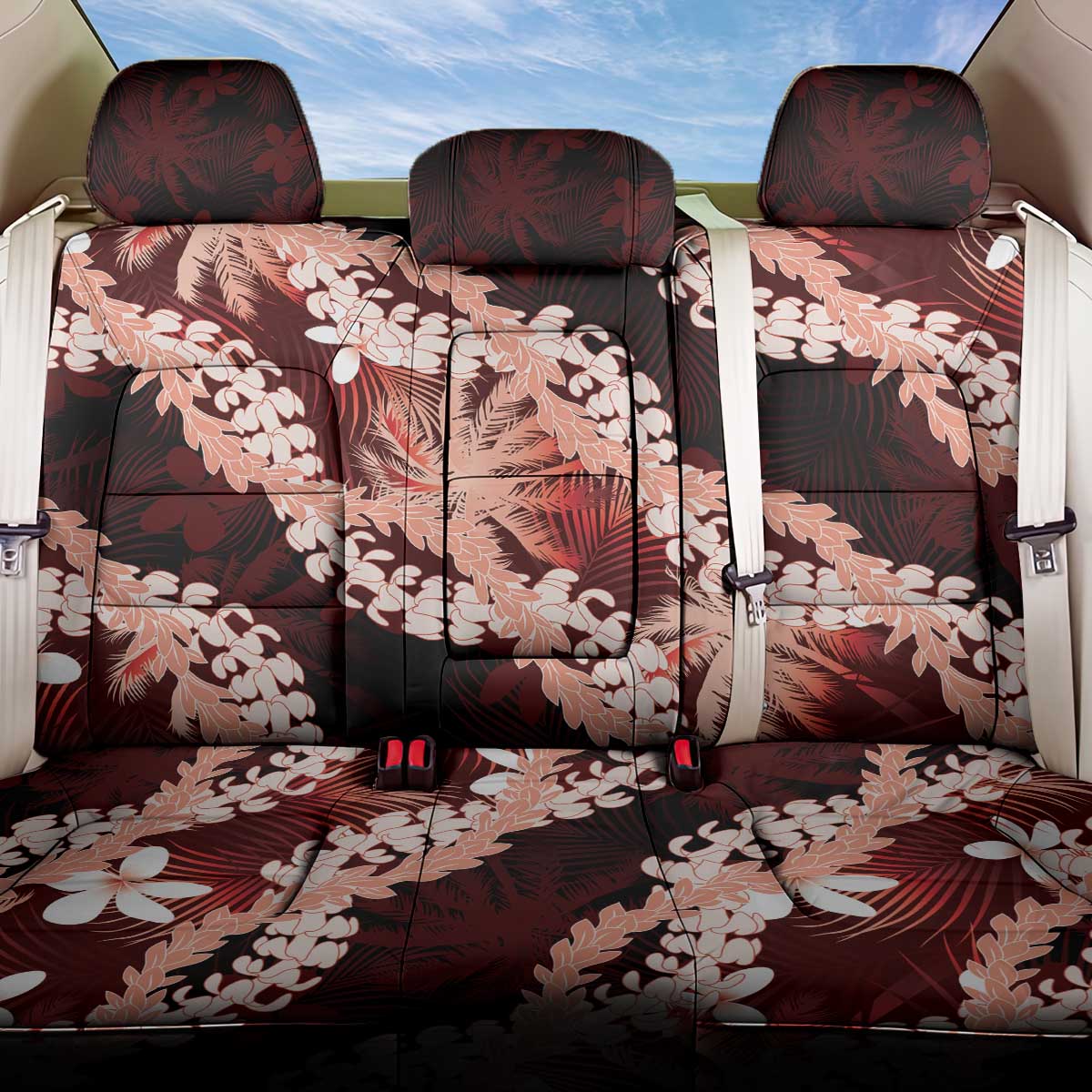Puakenikeni Maile Lei Back Car Seat Cover Frangipani Red Tropical Leaves