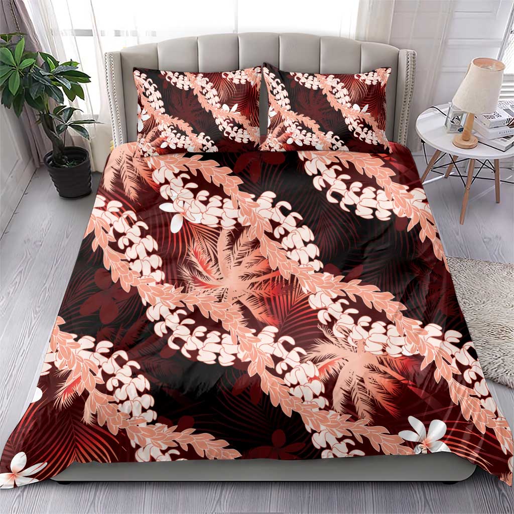Puakenikeni Maile Lei Bedding Set Frangipani Red Tropical Leaves