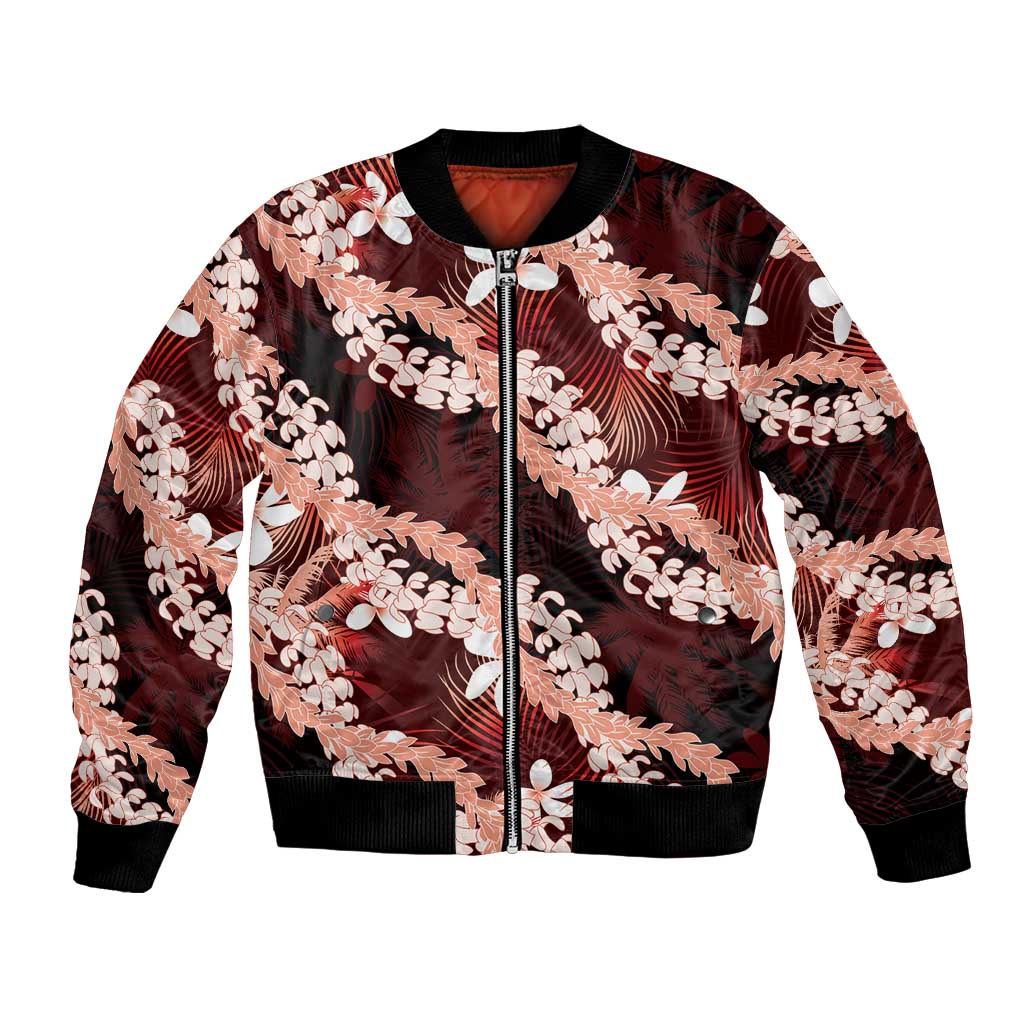 Puakenikeni Maile Lei Bomber Jacket Frangipani Red Tropical Leaves