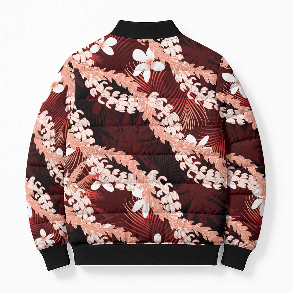Puakenikeni Maile Lei Bomber Puffer Jacket Frangipani Red Tropical Leaves