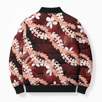 Puakenikeni Maile Lei Bomber Puffer Jacket Frangipani Red Tropical Leaves