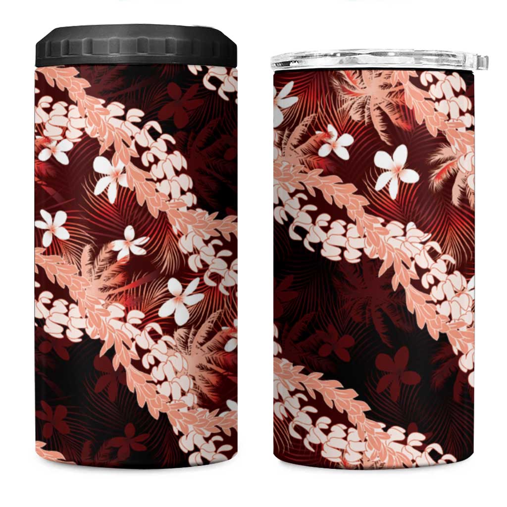 Puakenikeni Maile Lei 4 in 1 Can Cooler Tumbler Frangipani Red Tropical Leaves LT01 One Size: 16 oz Red - Polynesian Pride