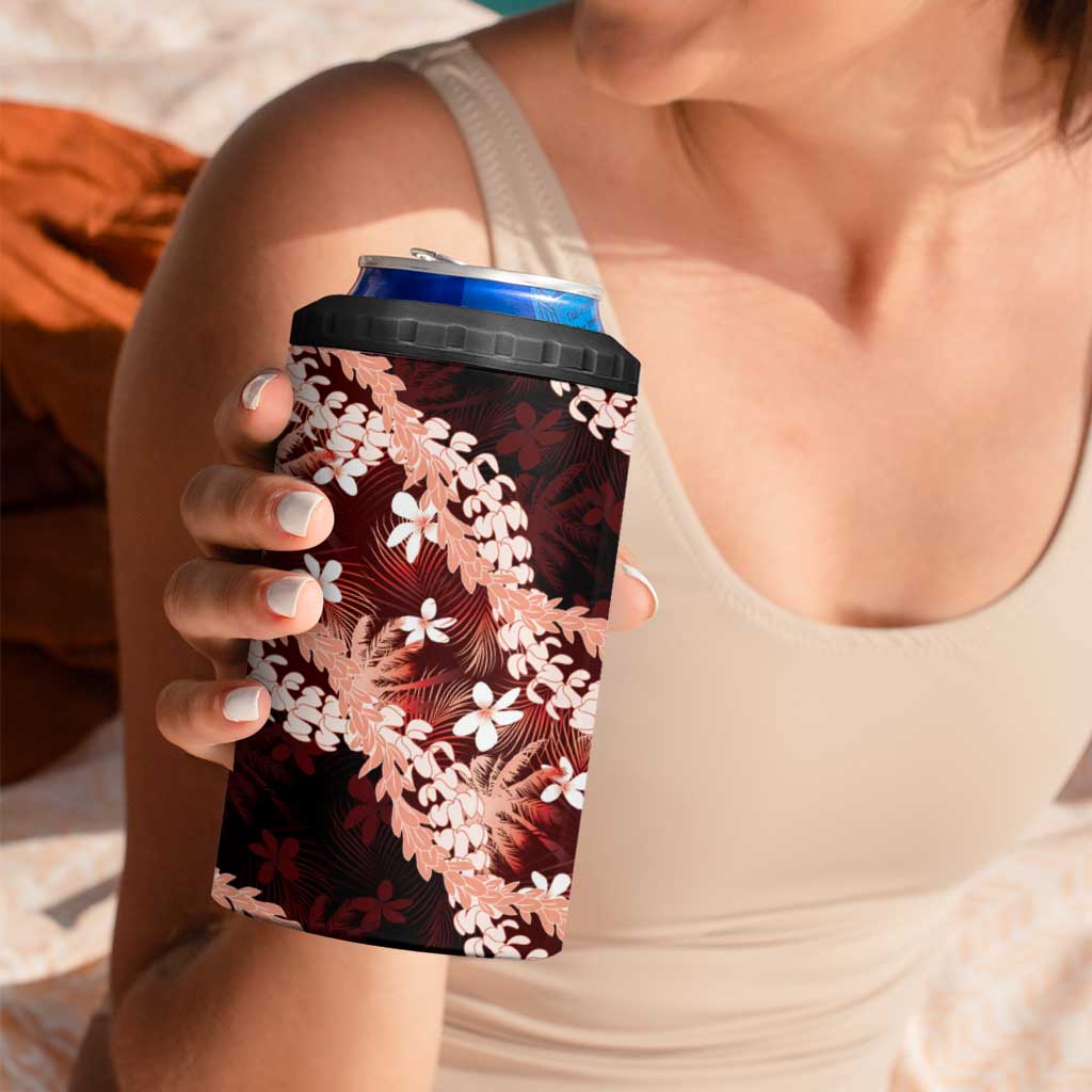 Puakenikeni Maile Lei 4 in 1 Can Cooler Tumbler Frangipani Red Tropical Leaves LT01 - Polynesian Pride